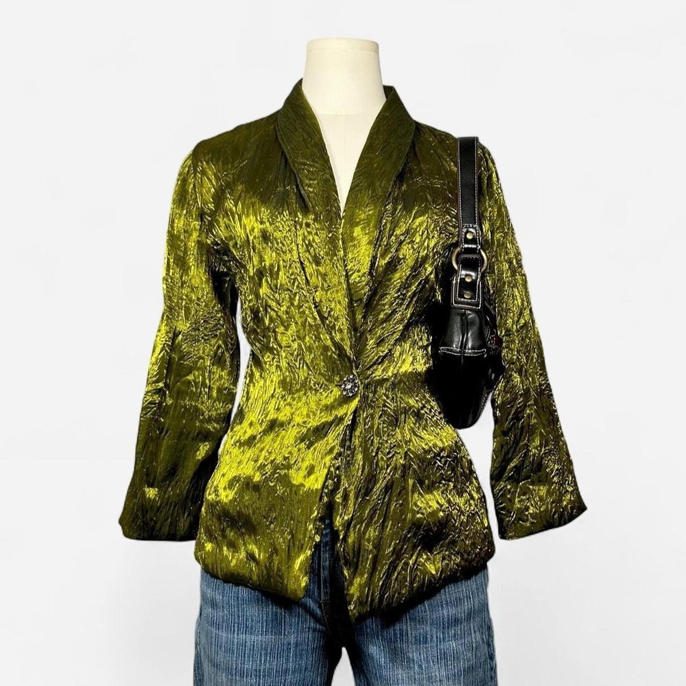 Y2K Olive Green Metallic Crinkle Blazer Rhinestones Womens S Whimsigoth Fall